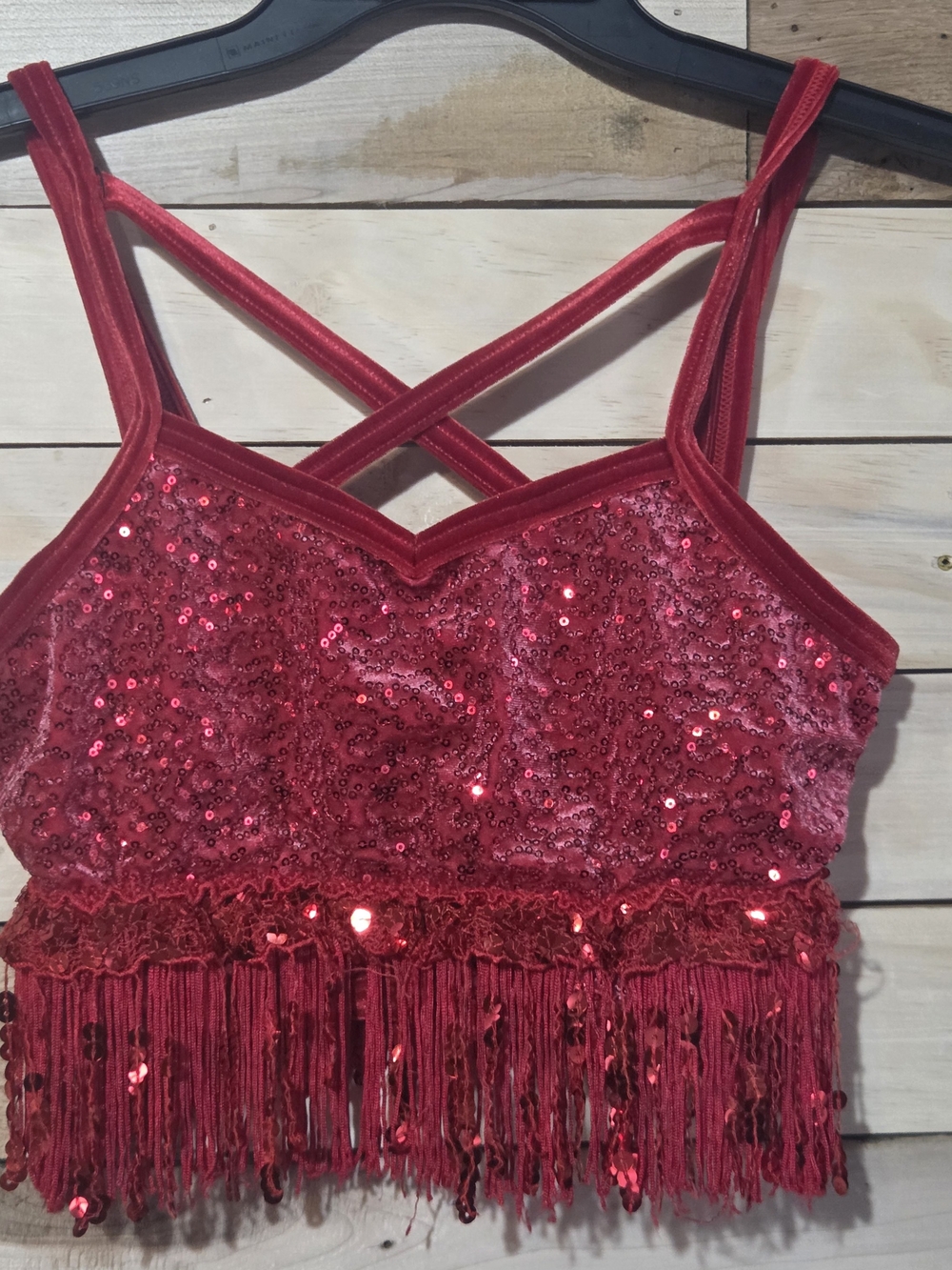Red Sequin Fringe Stretch Crop Top